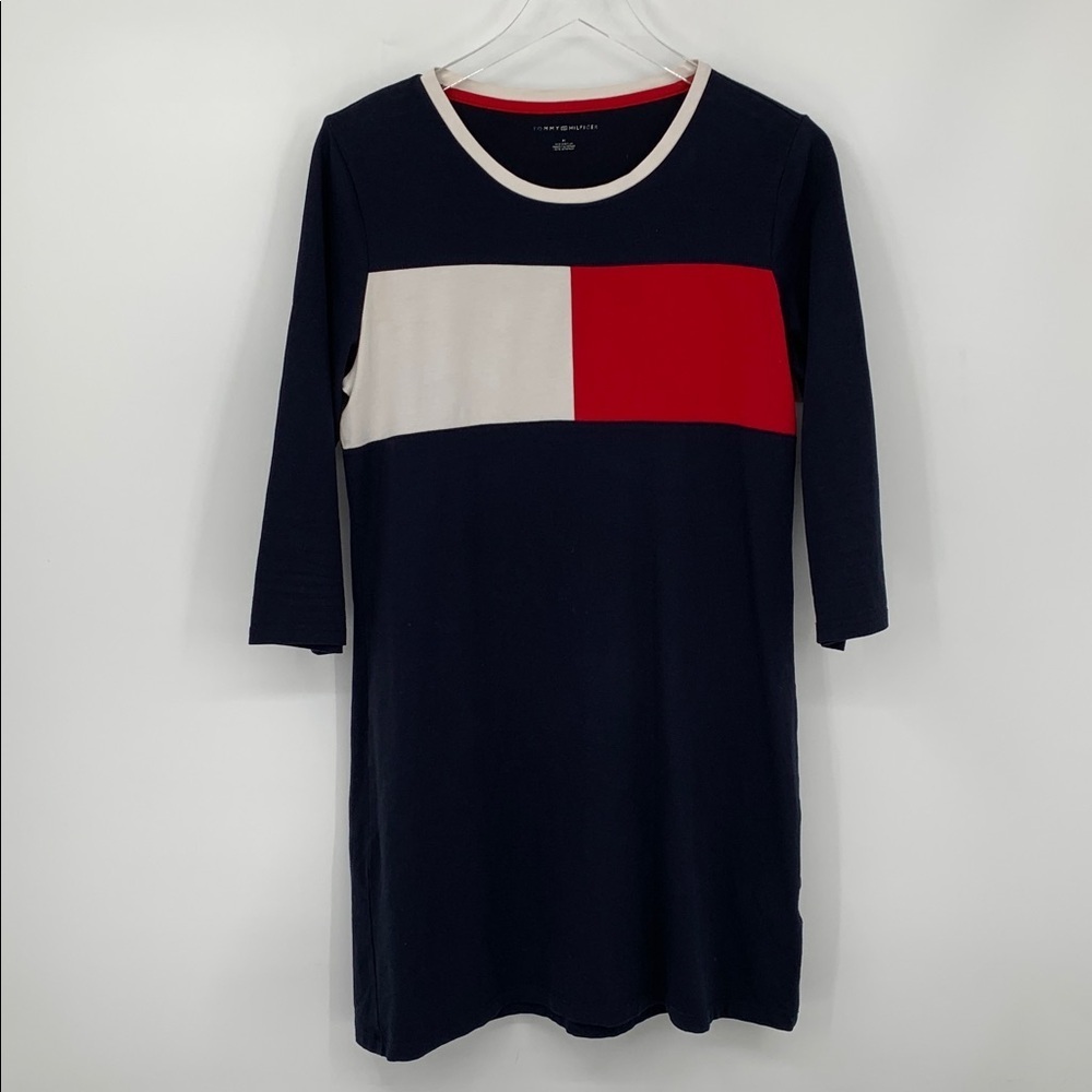 Tommy Hilfiger t-shirt knit dress mini flag logo colorblock navy blue red Medium